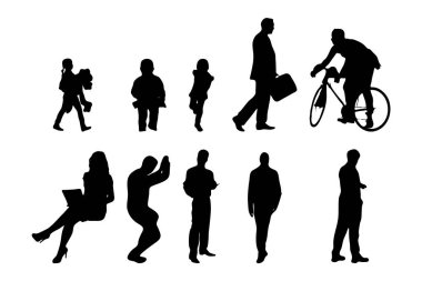 Vektör siluetleri, insanların ana hatları, Contour çizimleri, insanların siluetleri, ikon kümesi izole edilmiş, oturan insanların silueti, mimari set