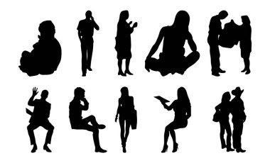 Vektör siluetleri, insanların ana hatları, Contour çizimleri, insanların siluetleri, ikon kümesi izole edilmiş, oturan insanların silueti, mimari set