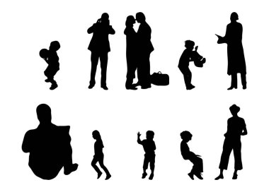 Vektör siluetleri, insanların ana hatları, Contour çizimleri, insanların siluetleri, ikon kümesi izole edilmiş, oturan insanların silueti, mimari set