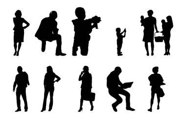 Vektör siluetleri, insanların ana hatları, Contour çizimleri, insanların siluetleri, ikon kümesi izole edilmiş, oturan insanların silueti, mimari set