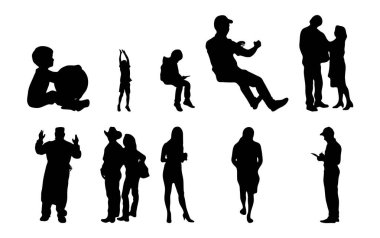 Vektör siluetleri, insanların ana hatları, Contour çizimleri, insanların siluetleri, ikon kümesi izole edilmiş, oturan insanların silueti, mimari set