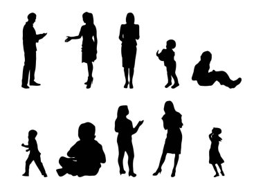 Vektör siluetleri, insanların ana hatları, Contour çizimleri, insanların siluetleri, ikon kümesi izole edilmiş, oturan insanların silueti, mimari set