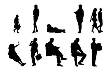 Vektör siluetleri, insanların ana hatları, Contour çizimleri, insanların siluetleri, ikon kümesi izole edilmiş, oturan insanların silueti, mimari set