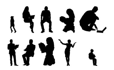 Vektör siluetleri, insanların ana hatları, Contour çizimleri, insanların siluetleri, ikon kümesi izole edilmiş, oturan insanların silueti, mimari set