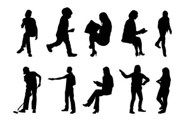 Vektör siluetleri, insanların ana hatları, Contour çizimleri, insanların siluetleri, ikon kümesi izole edilmiş, oturan insanların silueti, mimari set