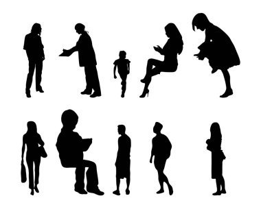 Vektör siluetleri, insanların ana hatları, Contour çizimleri, insanların siluetleri, ikon kümesi izole edilmiş, oturan insanların silueti, mimari set