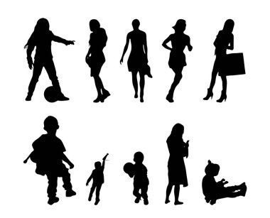 Vektör siluetleri, insanların ana hatları, Contour çizimleri, insanların siluetleri, ikon kümesi izole edilmiş, oturan insanların silueti, mimari set