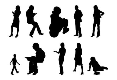 Vektör siluetleri, insanların ana hatları, Contour çizimleri, insanların siluetleri, ikon kümesi izole edilmiş, oturan insanların silueti, mimari set