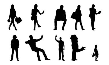 Vektör siluetleri, insanların ana hatları, Contour çizimleri, insanların siluetleri, ikon kümesi izole edilmiş, oturan insanların silueti, mimari set