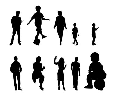 Vektör siluetleri, insanların ana hatları, Contour çizimleri, insanların siluetleri, ikon kümesi izole edilmiş, oturan insanların silueti, mimari set