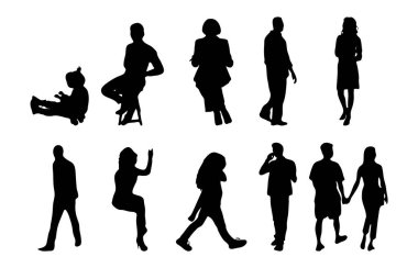 Vektör siluetleri, insanların ana hatları, Contour çizimleri, insanların siluetleri, ikon kümesi izole edilmiş, oturan insanların silueti, mimari set