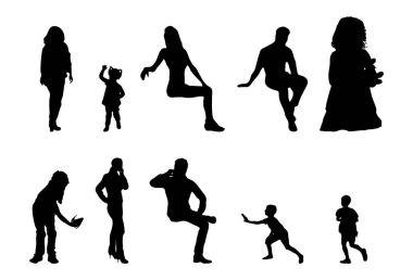 Vektör siluetleri, insanların ana hatları, Contour çizimleri, insanların siluetleri, ikon kümesi izole edilmiş, oturan insanların silueti, mimari set