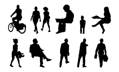 Vektör siluetleri, insanların ana hatları, Contour çizimleri, insanların siluetleri, ikon kümesi izole edilmiş, oturan insanların silueti, mimari set