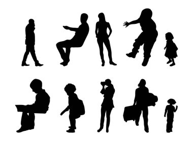 Vektör siluetleri, insanların ana hatları, Contour çizimleri, insanların siluetleri, ikon kümesi izole edilmiş, oturan insanların silueti, mimari set