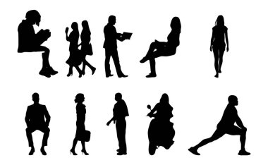 Vektör siluetleri, insanların ana hatları, Contour çizimleri, insanların siluetleri, ikon kümesi izole edilmiş, oturan insanların silueti, mimari set