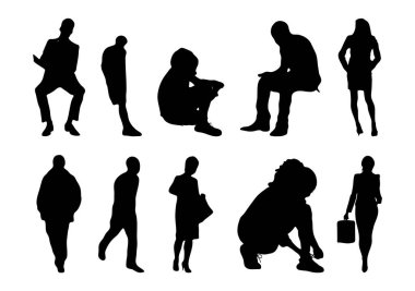Vektör siluetleri, insanların ana hatları, Contour çizimleri, insanların siluetleri, ikon kümesi izole edilmiş, oturan insanların silueti, mimari set