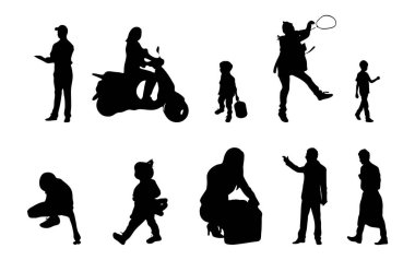 Vektör siluetleri, insanların ana hatları, Contour çizimleri, insanların siluetleri, ikon kümesi izole edilmiş, oturan insanların silueti, mimari set