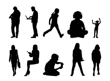 Vektör siluetleri, insanların ana hatları, Contour çizimleri, insanların siluetleri, ikon kümesi izole edilmiş, oturan insanların silueti, mimari set