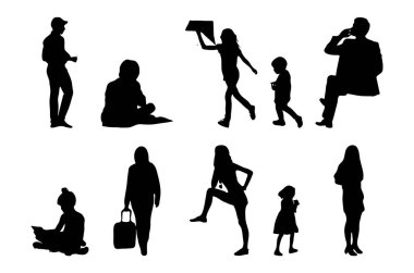 Vektör siluetleri, insanların ana hatları, Contour çizimleri, insanların siluetleri, ikon kümesi izole edilmiş, oturan insanların silueti, mimari set