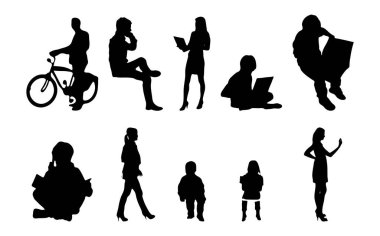 Vektör siluetleri, insanların ana hatları, Contour çizimleri, insanların siluetleri, ikon kümesi izole edilmiş, oturan insanların silueti, mimari set