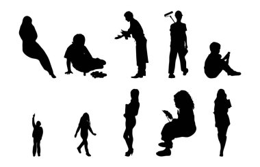 Vektör siluetleri, insanların ana hatları, Contour çizimleri, insanların siluetleri, ikon kümesi izole edilmiş, oturan insanların silueti, mimari set