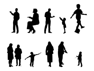 Vektör siluetleri, insanların ana hatları, Contour çizimleri, insanların siluetleri, ikon kümesi izole edilmiş, oturan insanların silueti, mimari set