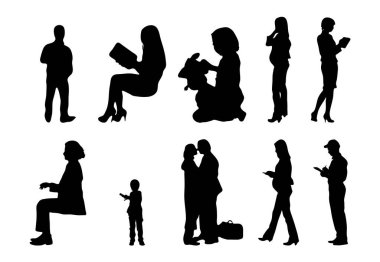 Vektör siluetleri, insanların ana hatları, Contour çizimleri, insanların siluetleri, ikon kümesi izole edilmiş, oturan insanların silueti, mimari set