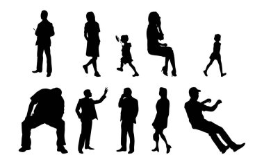 Vektör siluetleri, insanların ana hatları, Contour çizimleri, insanların siluetleri, ikon kümesi izole edilmiş, oturan insanların silueti, mimari set