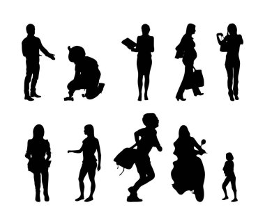Vektör siluetleri, insanların ana hatları, Contour çizimleri, insanların siluetleri, ikon kümesi izole edilmiş, oturan insanların silueti, mimari set