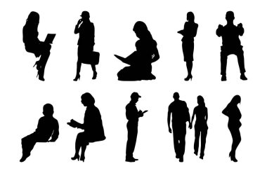 Vektör siluetleri, insanların ana hatları, Contour çizimleri, insanların siluetleri, ikon kümesi izole edilmiş, oturan insanların silueti, mimari set