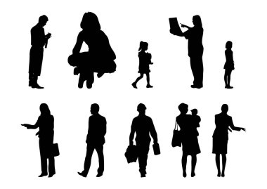 Vektör siluetleri, insanların ana hatları, Contour çizimleri, insanların siluetleri, ikon kümesi izole edilmiş, oturan insanların silueti, mimari set