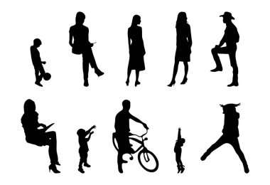 Vektör siluetleri, insanların ana hatları, Contour çizimleri, insanların siluetleri, ikon kümesi izole edilmiş, oturan insanların silueti, mimari set