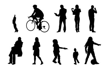 Vektör siluetleri, insanların ana hatları, Contour çizimleri, insanların siluetleri, ikon kümesi izole edilmiş, oturan insanların silueti, mimari set