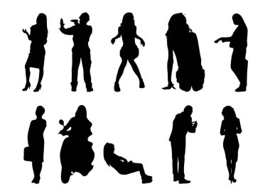 Vektör siluetleri, insanların ana hatları, Contour çizimleri, insanların siluetleri, ikon kümesi izole edilmiş, oturan insanların silueti, mimari set