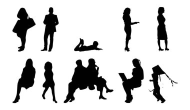 Vektör siluetleri, insanların ana hatları, Contour çizimleri, insanların siluetleri, ikon kümesi izole edilmiş, oturan insanların silueti, mimari set