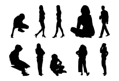 Vektör siluetleri, insanların ana hatları, Contour çizimleri, insanların siluetleri, ikon kümesi izole edilmiş, oturan insanların silueti, mimari set