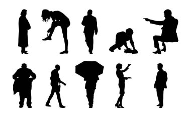Vektör siluetleri, insanların ana hatları, Contour çizimleri, insanların siluetleri, ikon kümesi izole edilmiş, oturan insanların silueti, mimari set