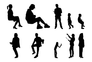 Vektör siluetleri, insanların ana hatları, Contour çizimleri, insanların siluetleri, ikon kümesi izole edilmiş, oturan insanların silueti, mimari set