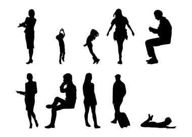 Vektör siluetleri, insanların ana hatları, Contour çizimleri, insanların siluetleri, ikon kümesi izole edilmiş, oturan insanların silueti, mimari set