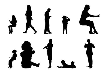 Vektör siluetleri, insanların ana hatları, Contour çizimleri, insanların siluetleri, ikon kümesi izole edilmiş, oturan insanların silueti, mimari set