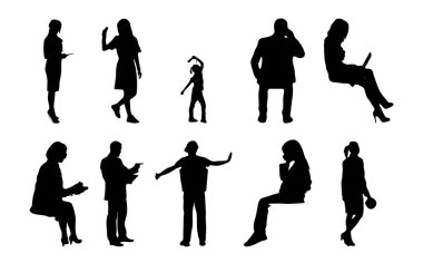Vektör siluetleri, insanların ana hatları, Contour çizimleri, insanların siluetleri, ikon kümesi izole edilmiş, oturan insanların silueti, mimari set
