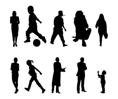 Vektör siluetleri, insanların ana hatları, Contour çizimleri, insanların siluetleri, ikon kümesi izole edilmiş, oturan insanların silueti, mimari set