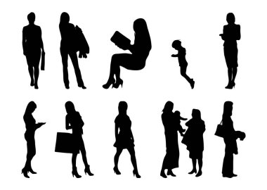 Vektör siluetleri, insanların ana hatları, Contour çizimleri, insanların siluetleri, ikon kümesi izole edilmiş, oturan insanların silueti, mimari set