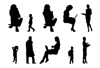 Vektör siluetleri, insanların ana hatları, Contour çizimleri, insanların siluetleri, ikon kümesi izole edilmiş, oturan insanların silueti, mimari set