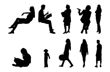Vektör siluetleri, insanların ana hatları, Contour çizimleri, insanların siluetleri, ikon kümesi izole edilmiş, oturan insanların silueti, mimari set