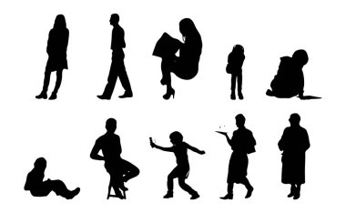 Vektör siluetleri, insanların ana hatları, Contour çizimleri, insanların siluetleri, ikon kümesi izole edilmiş, oturan insanların silueti, mimari set