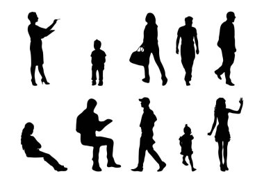 Vektör siluetleri, insanların ana hatları, Contour çizimleri, insanların siluetleri, ikon kümesi izole edilmiş, oturan insanların silueti, mimari set