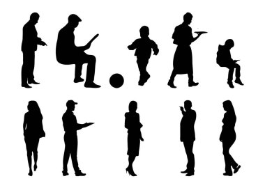 Vektör siluetleri, insanların ana hatları, Contour çizimleri, insanların siluetleri, ikon kümesi izole edilmiş, oturan insanların silueti, mimari set