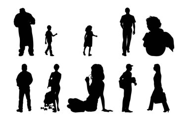 Vektör siluetleri, insanların ana hatları, Contour çizimleri, insanların siluetleri, ikon kümesi izole edilmiş, oturan insanların silueti, mimari set