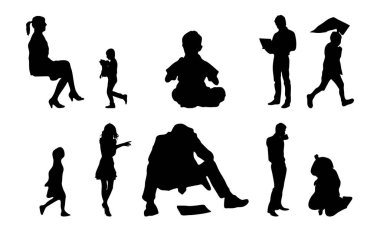 Vektör siluetleri, insanların ana hatları, Contour çizimleri, insanların siluetleri, ikon kümesi izole edilmiş, oturan insanların silueti, mimari set